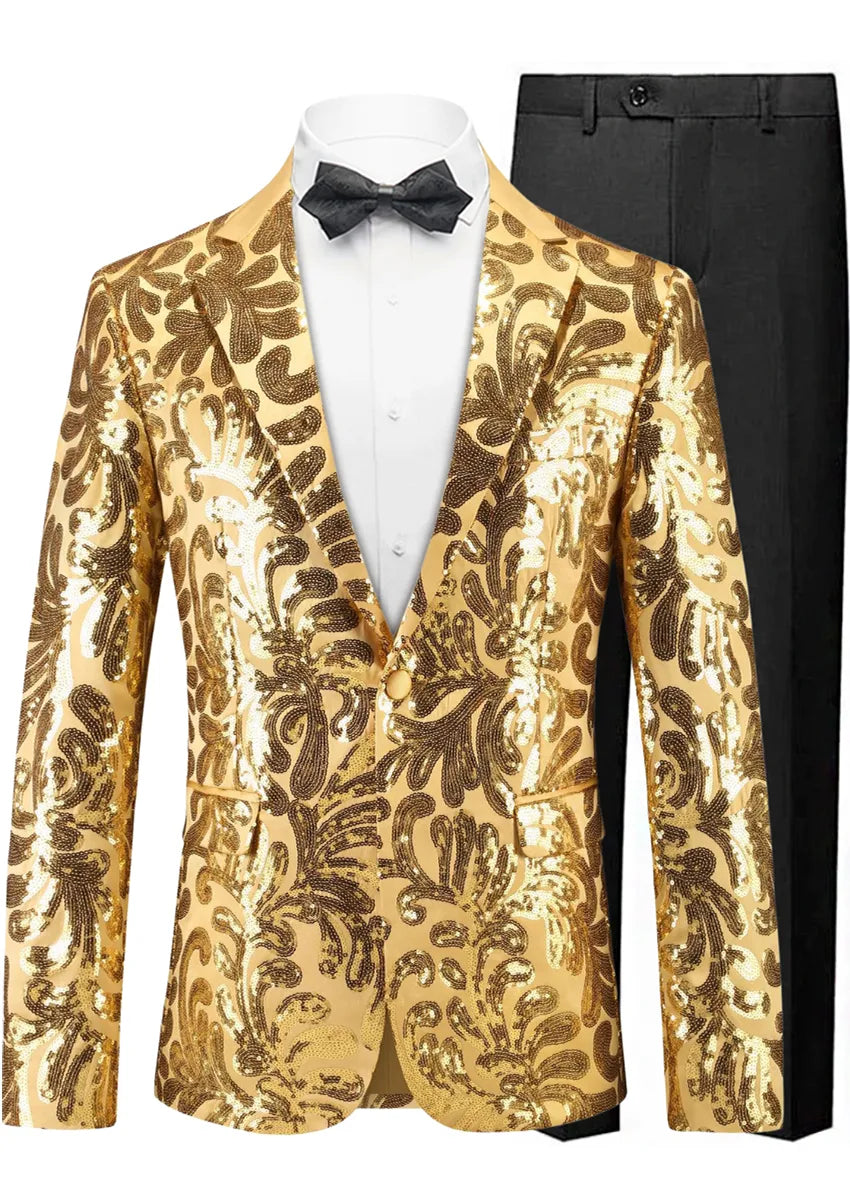 Men's Notch Lapel Embroidered Paisley Gold Sequin Suit