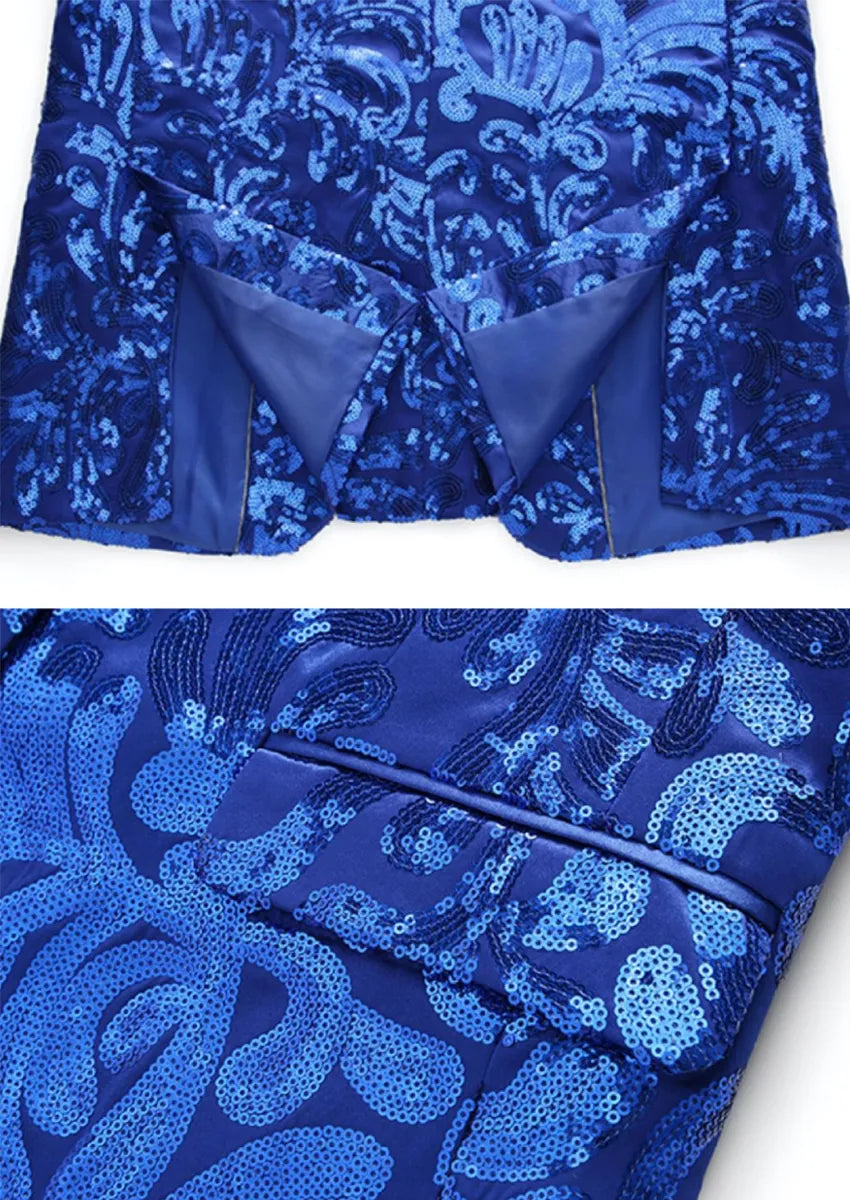 Men's Notch Lapel Embroidered Paisley Navy Sequin Suit