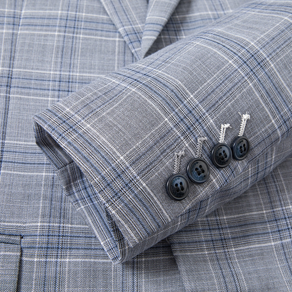 Men's 3-Piece One Button Fashionable Plaid Grayish Blue Suit