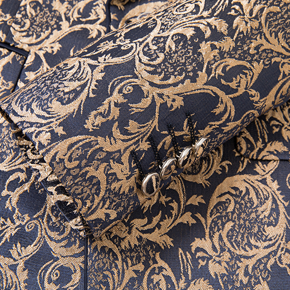 Men's 3-Piece Vintage Style Gold Damask Jacquard Navy Blue Suit
