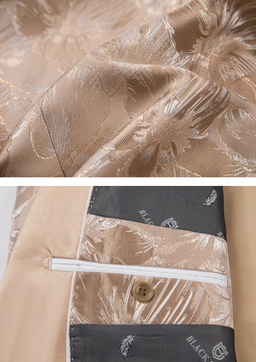 Men's 3-Piece Gold Jacquard Champagne Wedding Suit