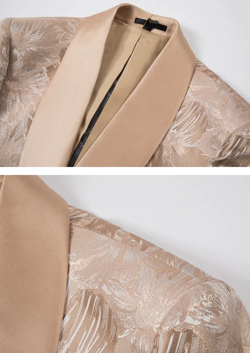 Men's 3-Piece Gold Jacquard Champagne Wedding Suit