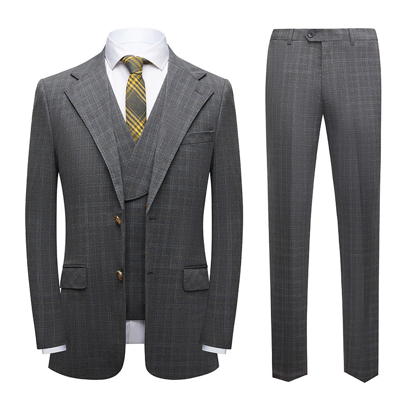 Men's 3-Piece Checkered Gray Two Button Gray Suit