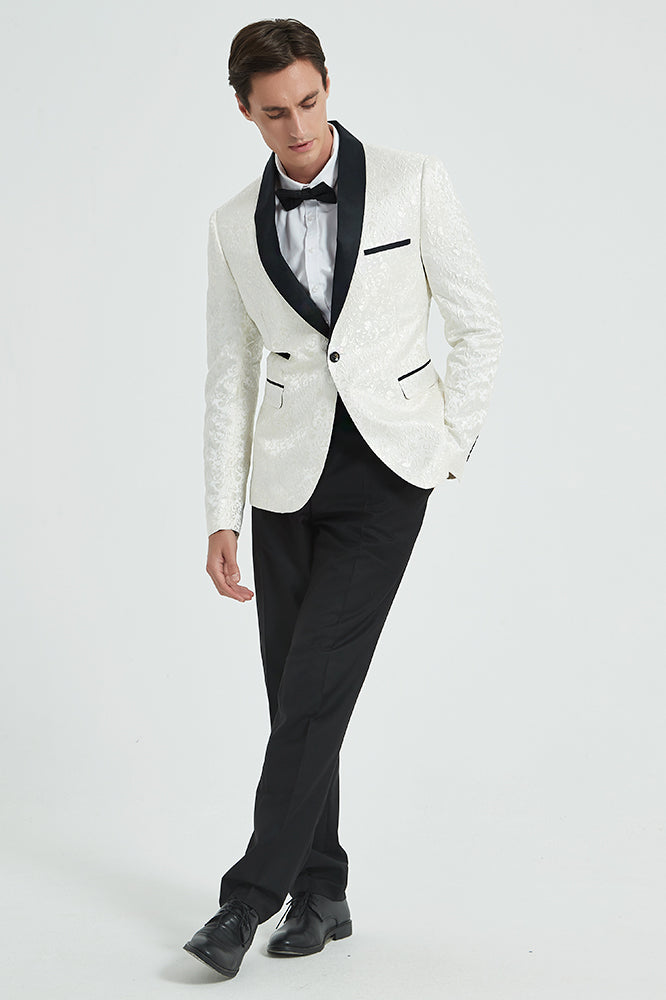 Men's 2-Piece Jacquard Embroidery White Wedding Suit