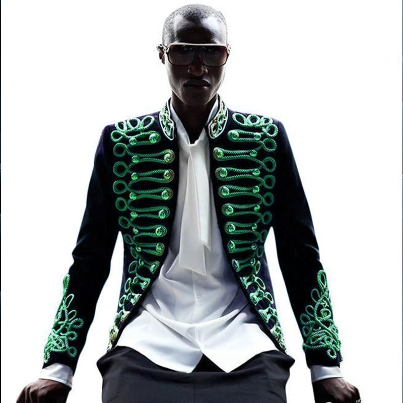 Men's Green Aigillette Decorated Mandarin Collar Black Jacket