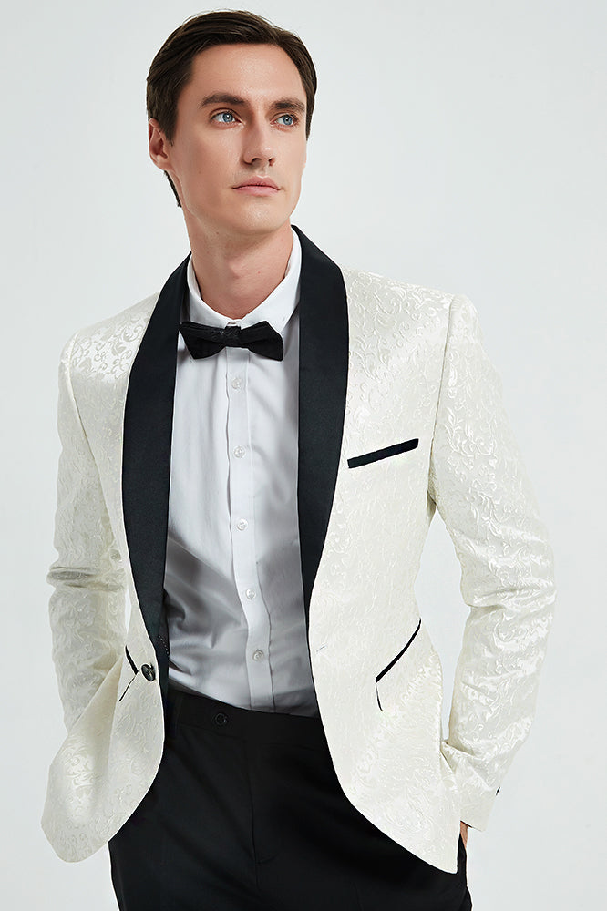 Men's 2-Piece Jacquard Embroidery White Wedding Suit