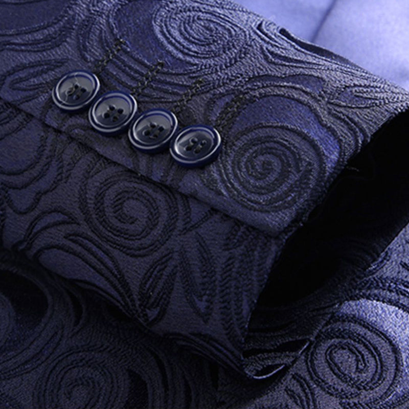 Men's 3-Piece Rose Embroidery Shawl Lapel Navy Suit