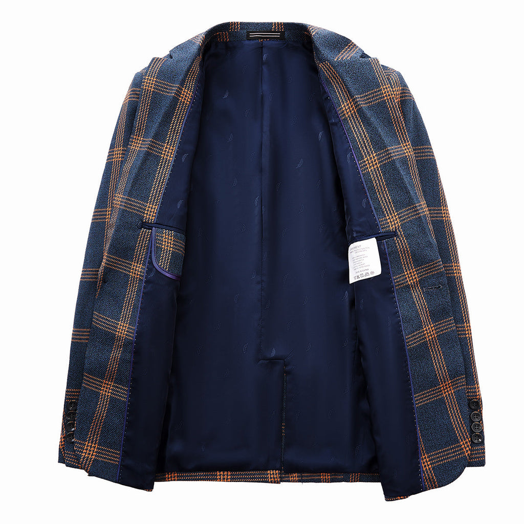 Men's 3-Piece Brown Plaid Design Navy Blue Suit
