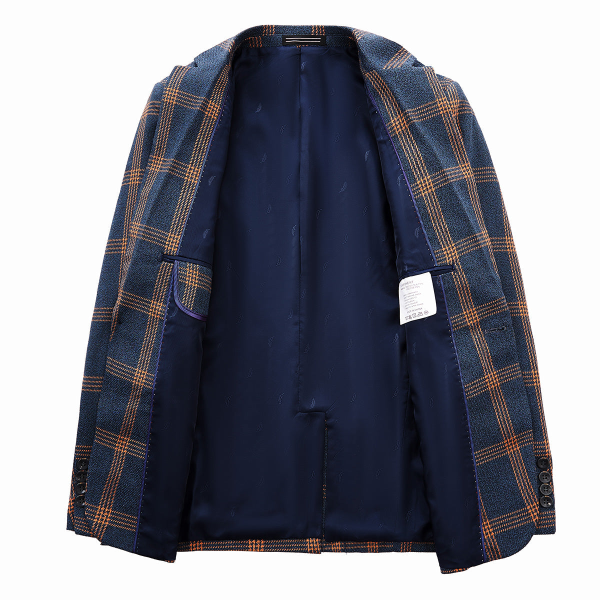 Men's 3-Piece Brown Plaid Design Navy Blue Suit