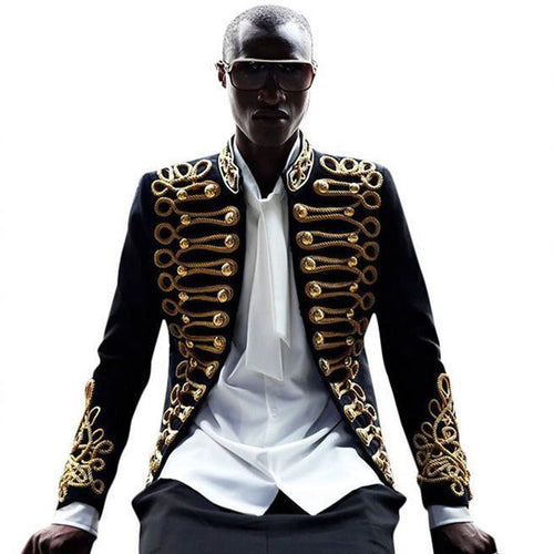 Men's Gold Aigillette Decorated Mandarin Collar Black Jacket