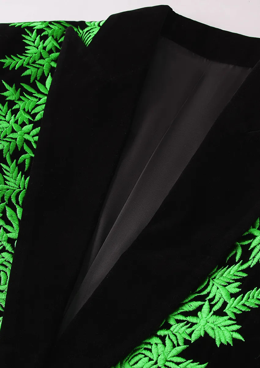 Men's Luxurious Green Embroidery Black Velvet Tuxedo