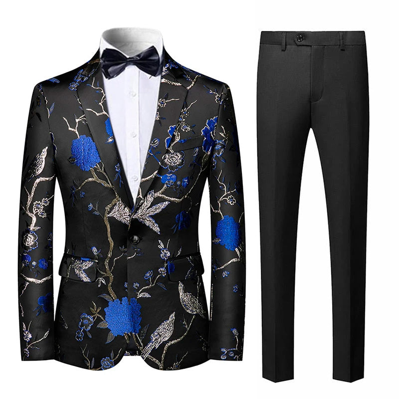 Men's 2-Piece Large Collar Unique Blue Bird Embroidery Suit