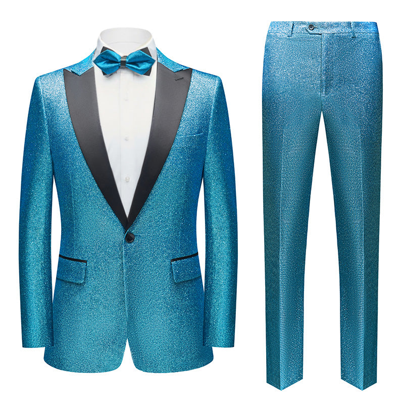 Men's 2-Piece Peak Lapel Blue Sequin Jacket