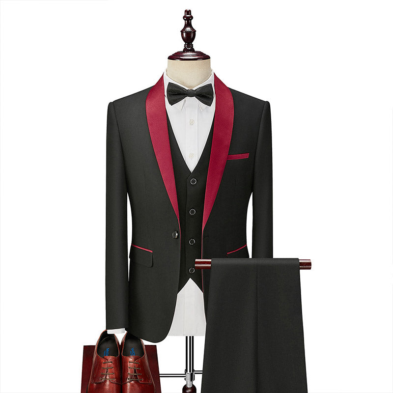 Men's 3-Piece Classic Dresses Red Lapel Black Prom Suit