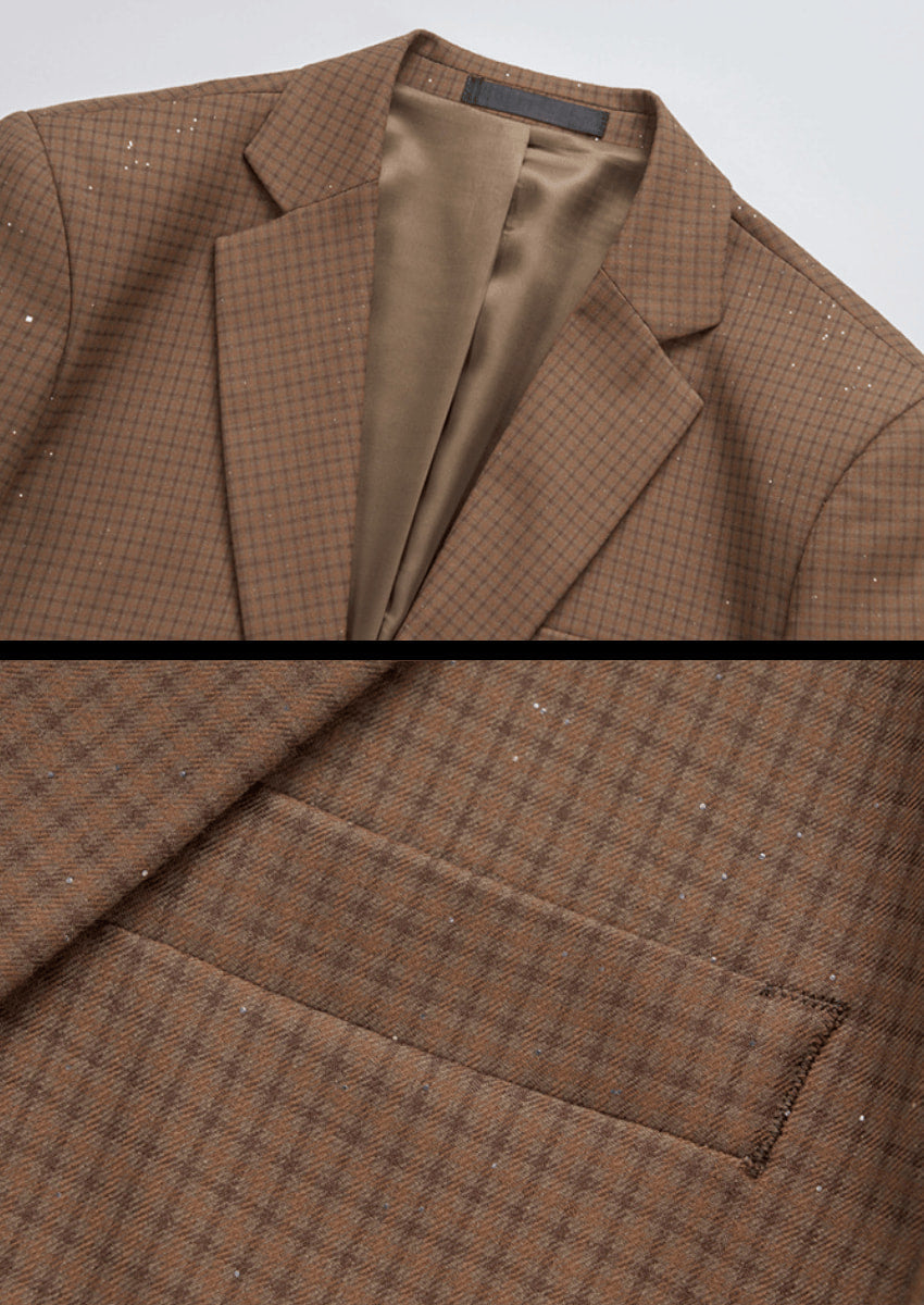 Men's 2-Piece Slim Fit Plaid Sequin Brown Suit