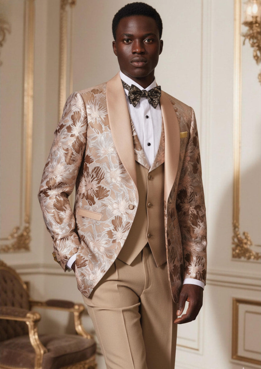 Men's 3-Piece Gold Jacquard Champagne Wedding Tuxedo