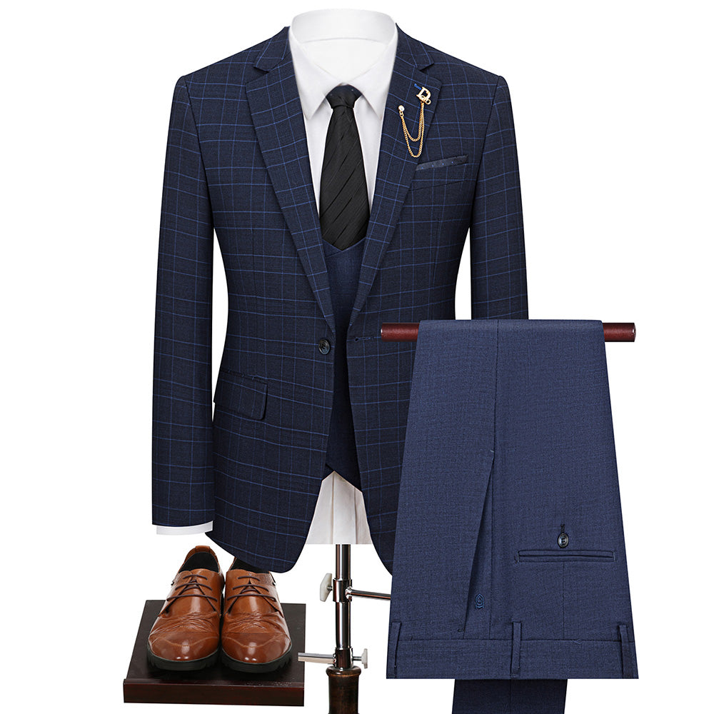 Men's 3-Piece One Button Fashionable Plaid Navy Suit