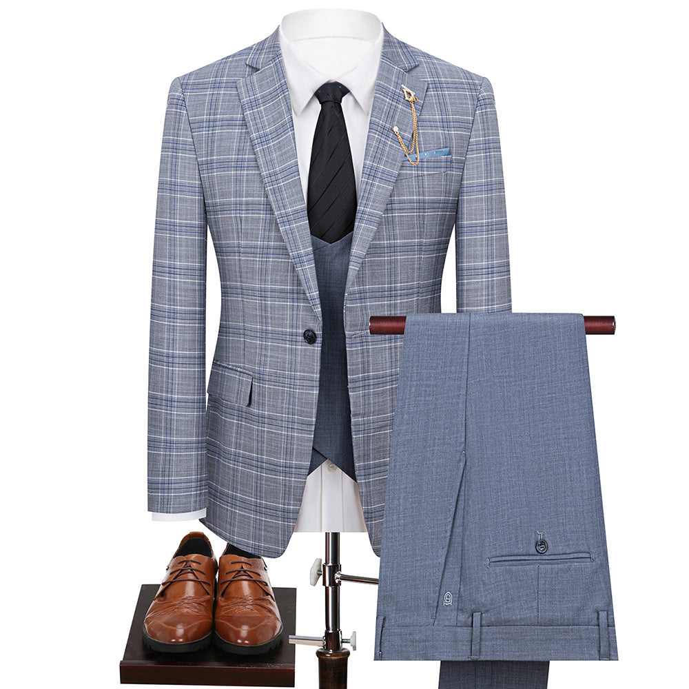 Men's 3-Piece One Button Fashionable Plaid Grayish Blue Suit