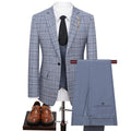 Men's 3-Piece One Button Fashionable Plaid Grayish Blue Suit