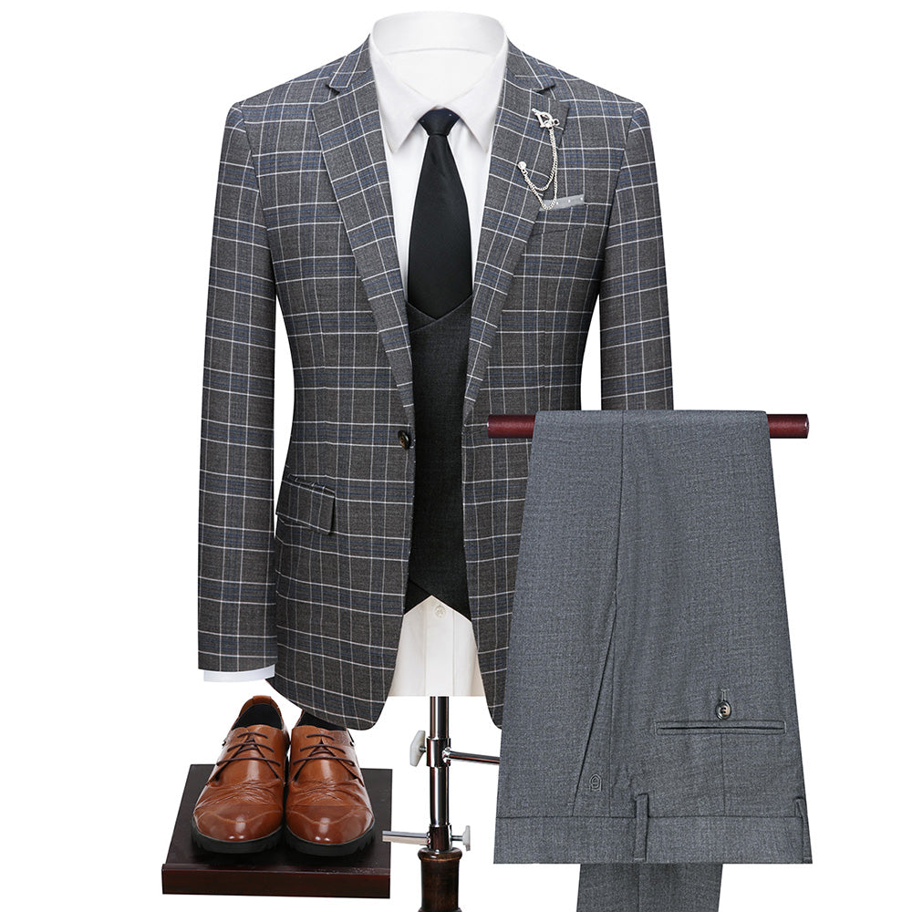Men's 3-Piece One Button Fashionable Plaid Gray Suit