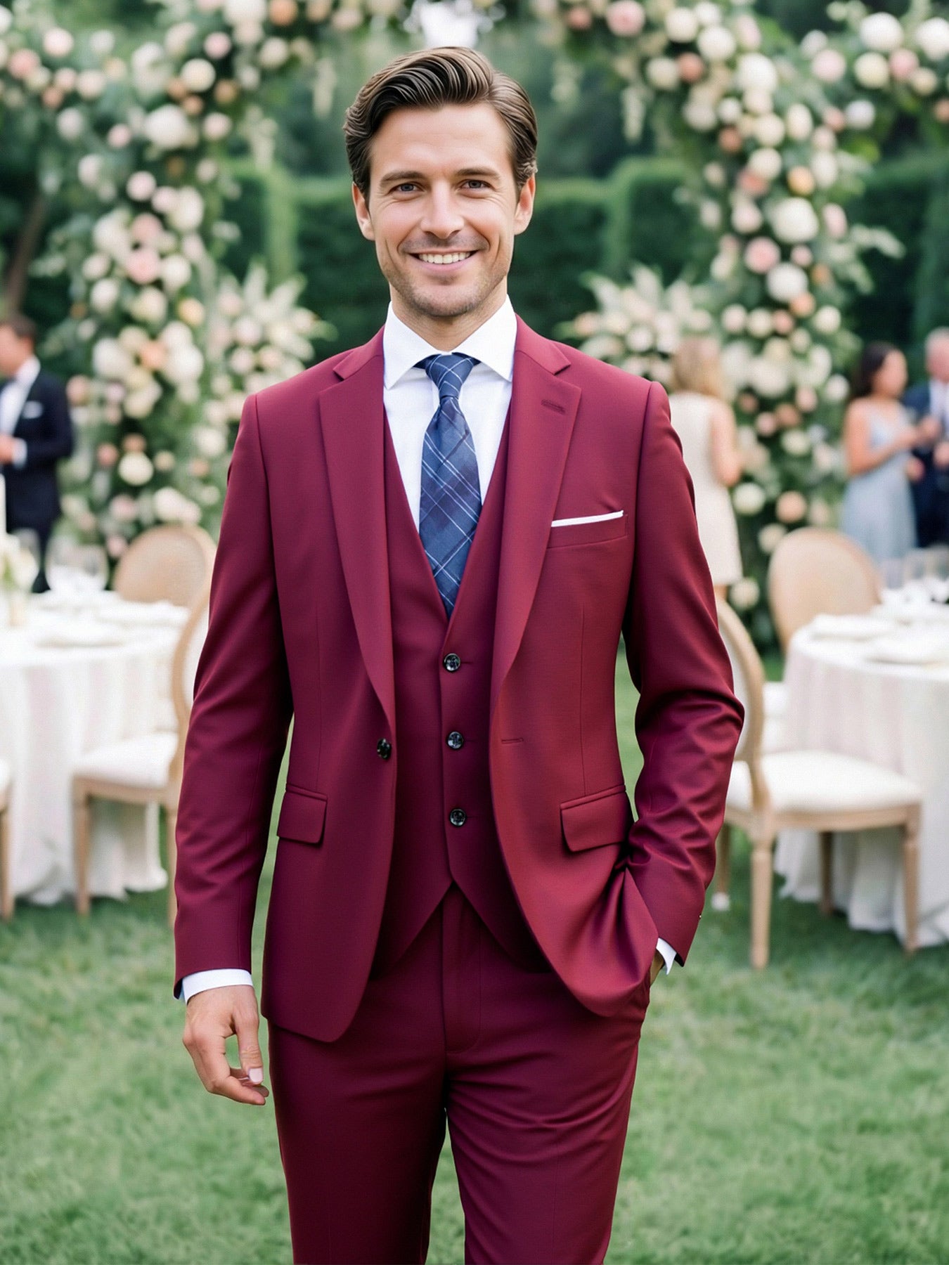 Men's 3-piece slim fit suit set - single button sports jacket, vest, and pants, men's modern formal wedding ball dress