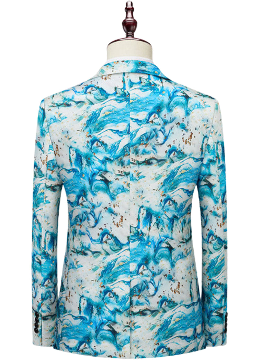 Men’s 2-Piece Light Blue Graffiti Print Suit for Party
