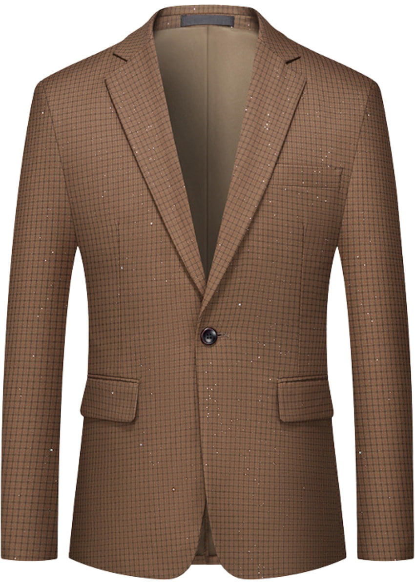 Men's 2-Piece Slim Fit Plaid Sequin Brown Suit