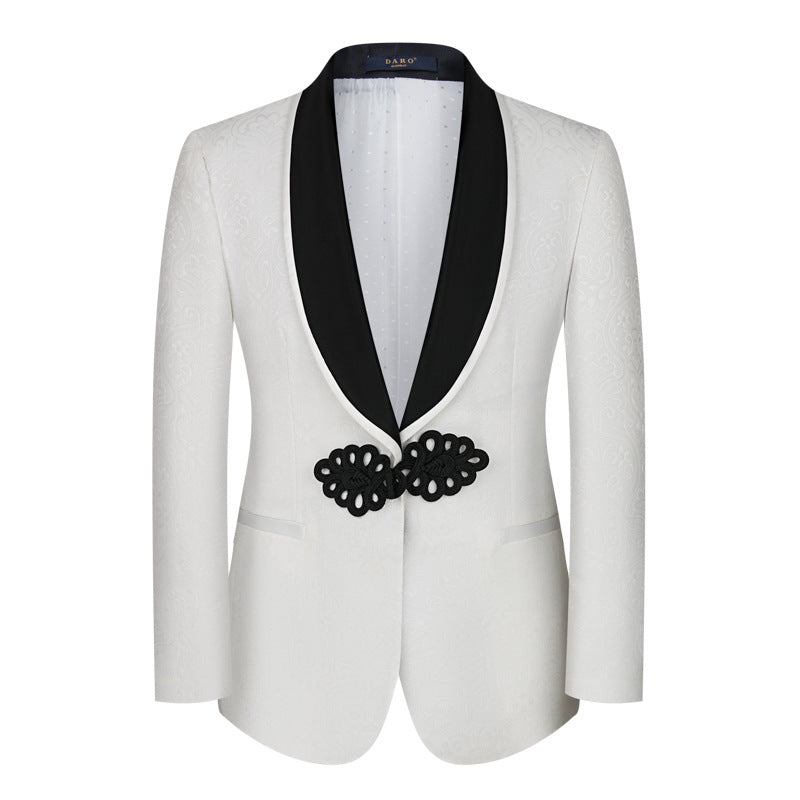 Men's 3-Piece Black Lapel Floral Jacquard White Tuxedo