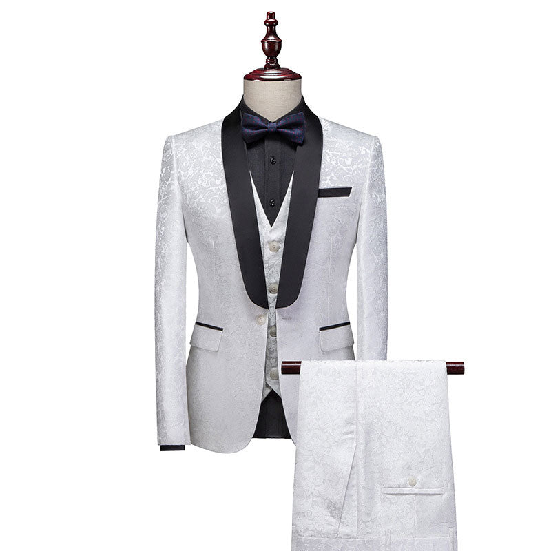 Men's 3-Piece Shawl Collar Jacquard Floral White Suit for Party Dinner