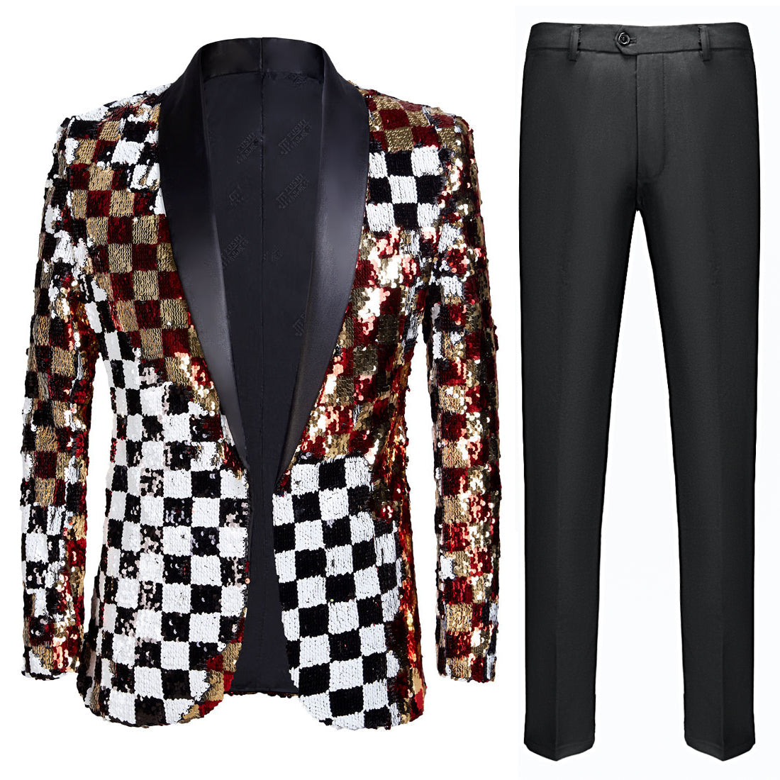 Men's Full Sequin Reversible Checks Embroidery White and Black Tuxedo