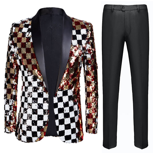 Men's Full Sequin Reversible Checks Embroidery White and Black Tuxedo
