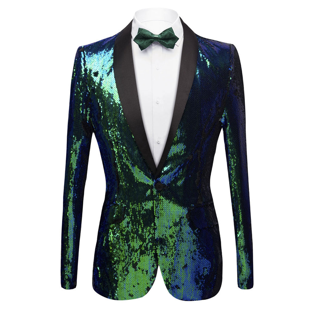 Men's Shawl Lapel Gradient Sequin Teal Green Tuxedo