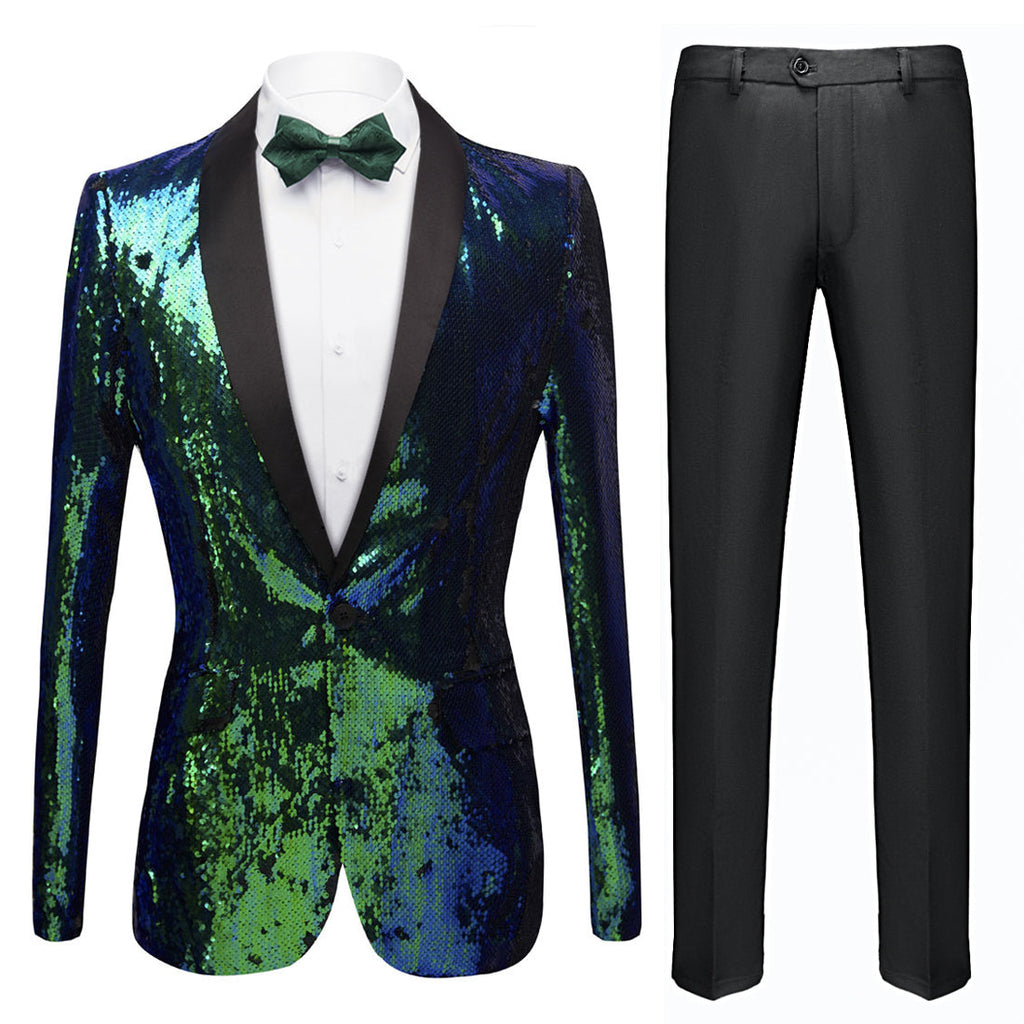 Men's Shawl Lapel Gradient Sequin Teal Green Tuxedo