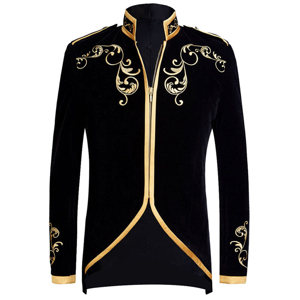 Men's Damask Embroidery Court Madarin Collar Black Jacket with Zipper