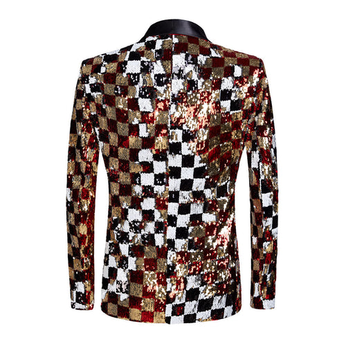 Men's Full Sequin Reversible Checks Embroidery White and Black Tuxedo