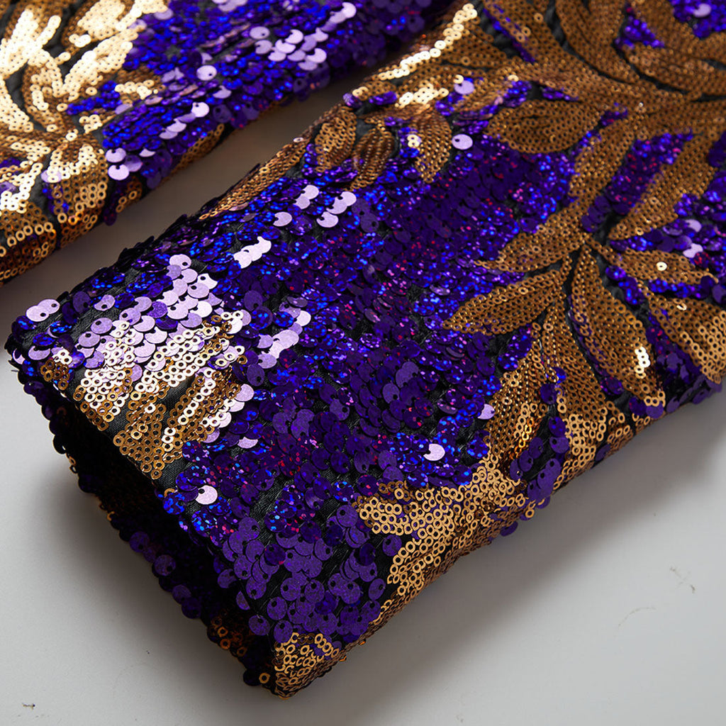 Men's Full Sequin Purple Tuxedo with Gold Olive Leaf Patterns