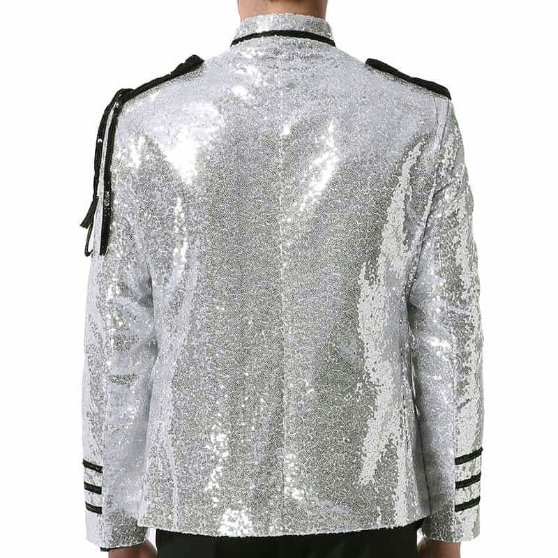 Men's Classic Military Style Stage Full Silver Sequin Jacket