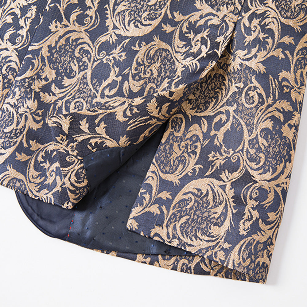 Men's 3-Piece Vintage Style Gold Damask Jacquard Navy Blue Tuxedo