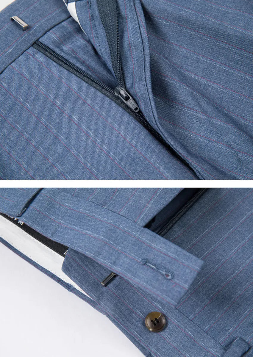 Men's 3-Piece Striped Light Navy Suit with a Coffee-colored Vest