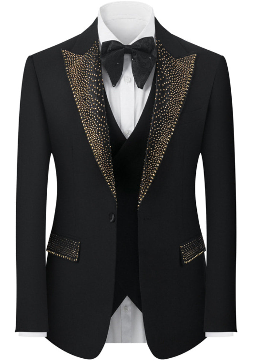 Men’s Black 3-Piece Hotfix Crystal Peak Lapel Tuxedo Set