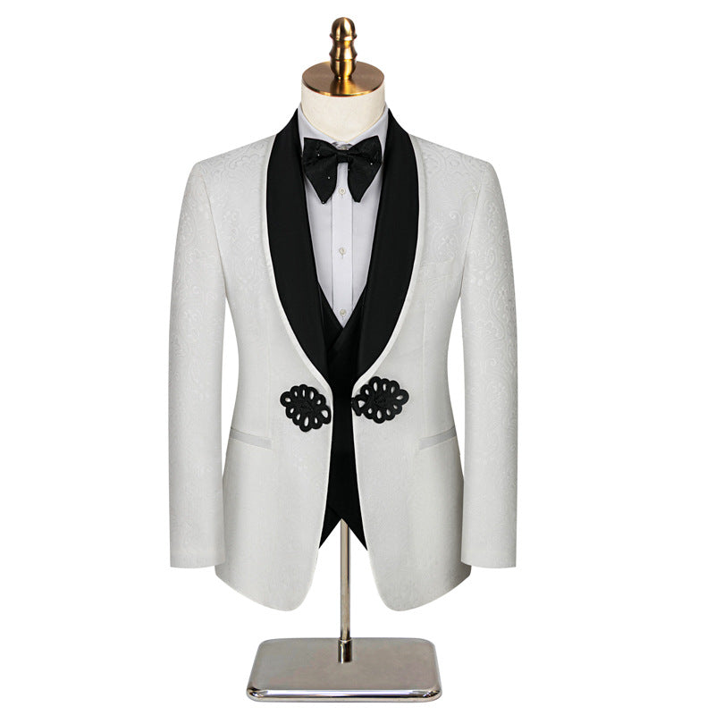 Men's 3-Piece Black Lapel Floral Jacquard White Tuxedo