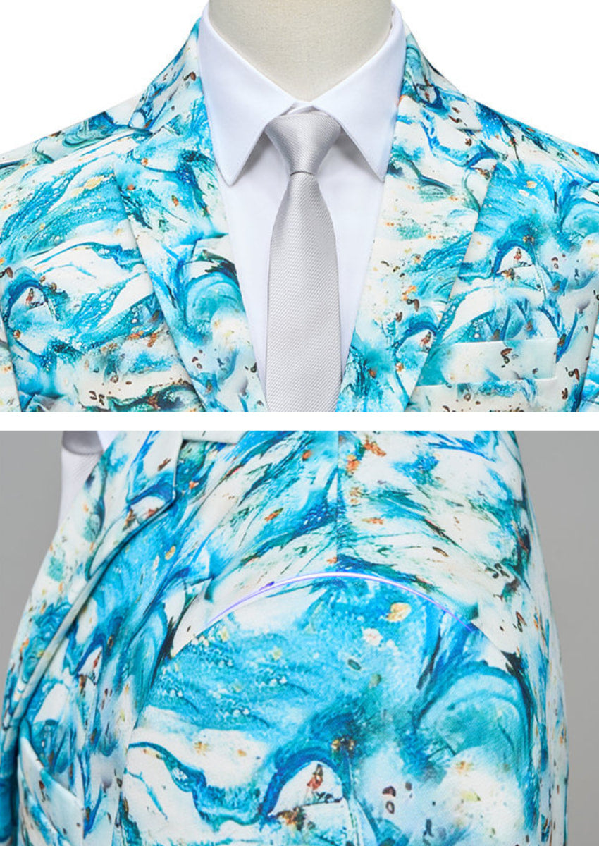 Men’s 2-Piece Light Blue Graffiti Print Suit for Party