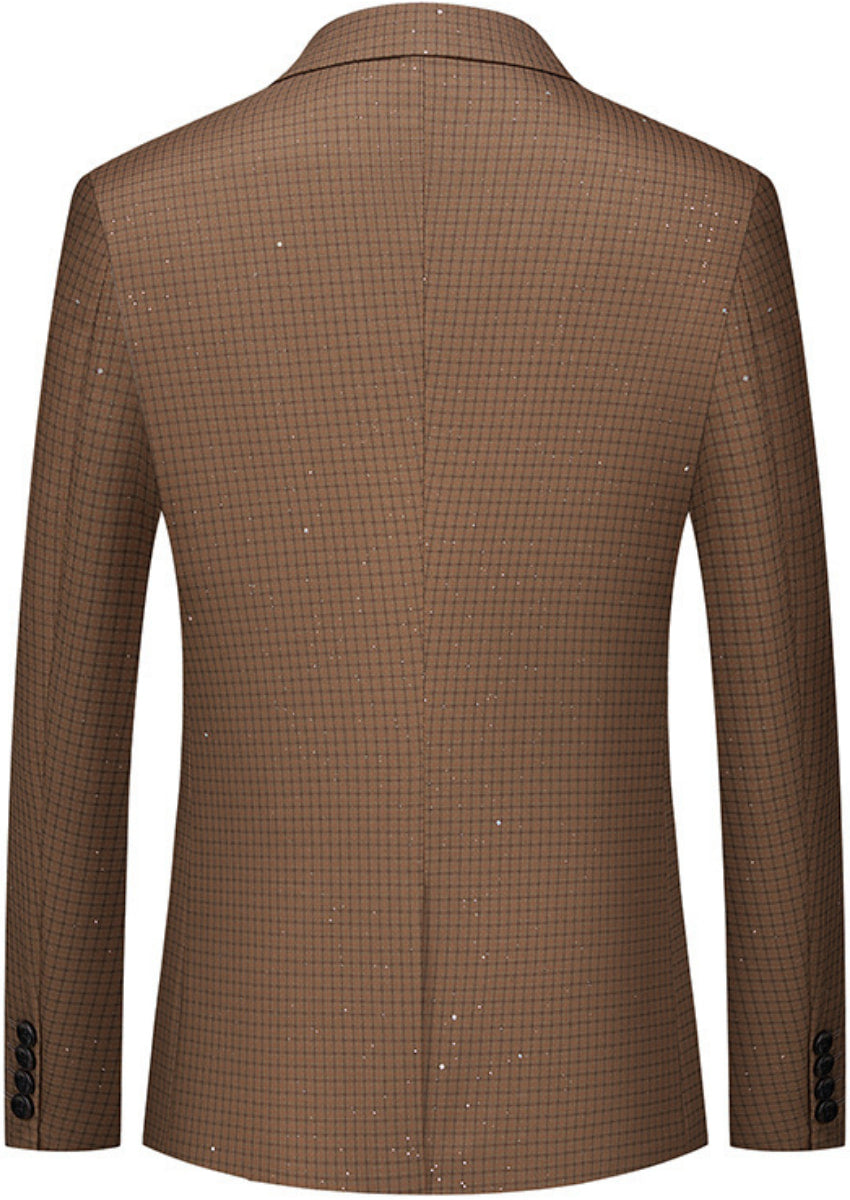 Men's 2-Piece Slim Fit Plaid Sequin Brown Suit