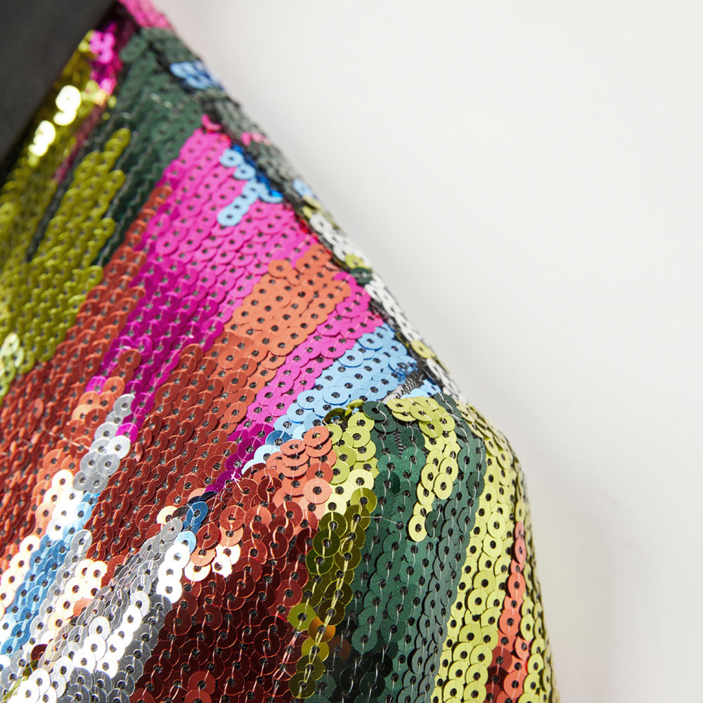 Men's Full Sequin Embroidered Pinstripe Rainbow Tuxedo Jacket