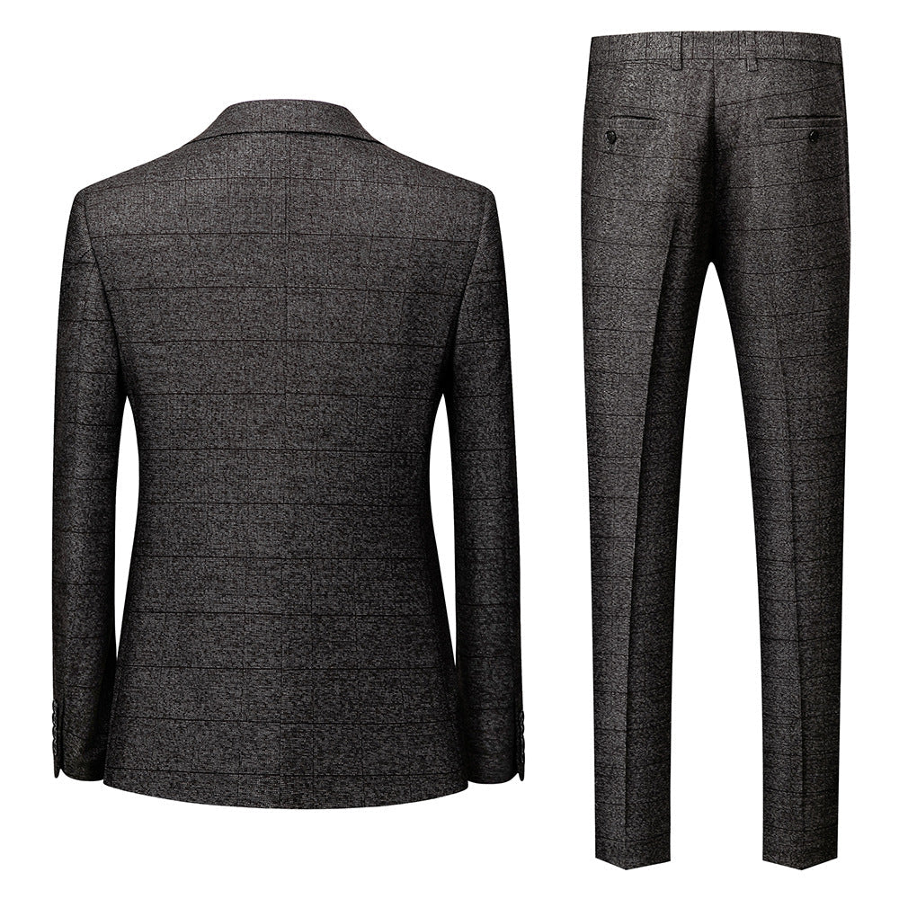 Men's 3-Piece Two Button Subtile Plaid Pattern Dark Gray Suit