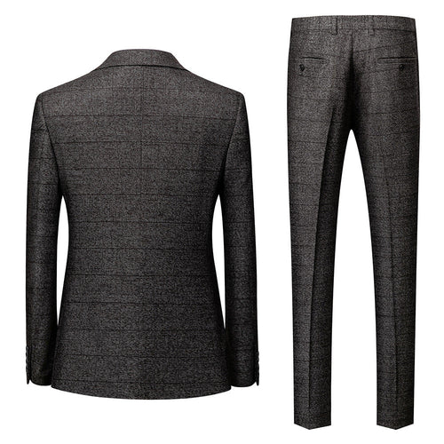 Men's 3-Piece Two Button Subtile Plaid Pattern Dark Gray Suit