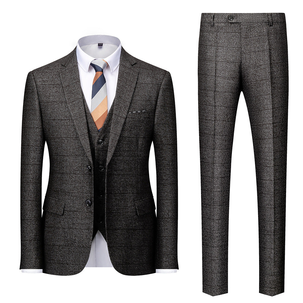 Men's 3-Piece Two Button Subtile Plaid Pattern Dark Gray Suit