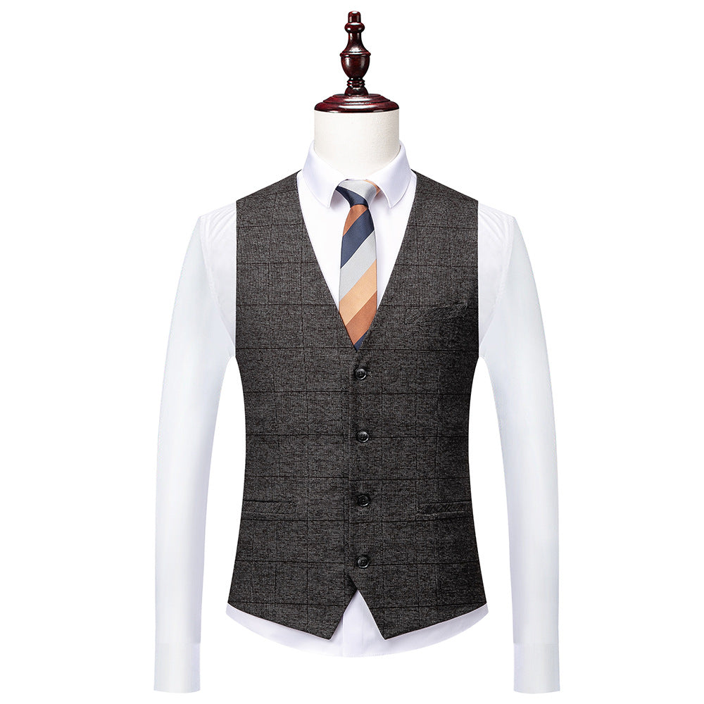Men's 3-Piece Two Button Subtile Plaid Pattern Dark Gray Suit