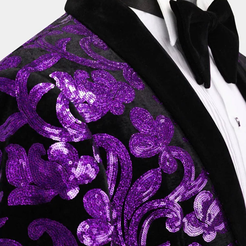 Men's Sparkle Floral Purple Sequin Tuxedo Jacket