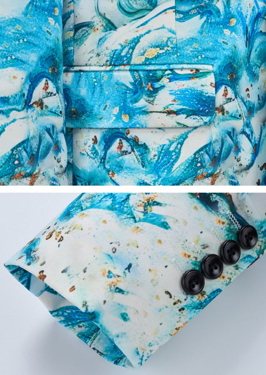 Men’s 2-Piece Light Blue Graffiti Print Suit for Party